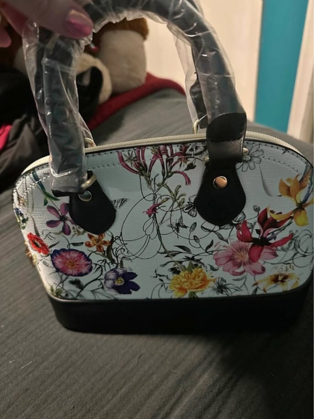 Brand New Floral Mini Handbag – Black & Light Blue